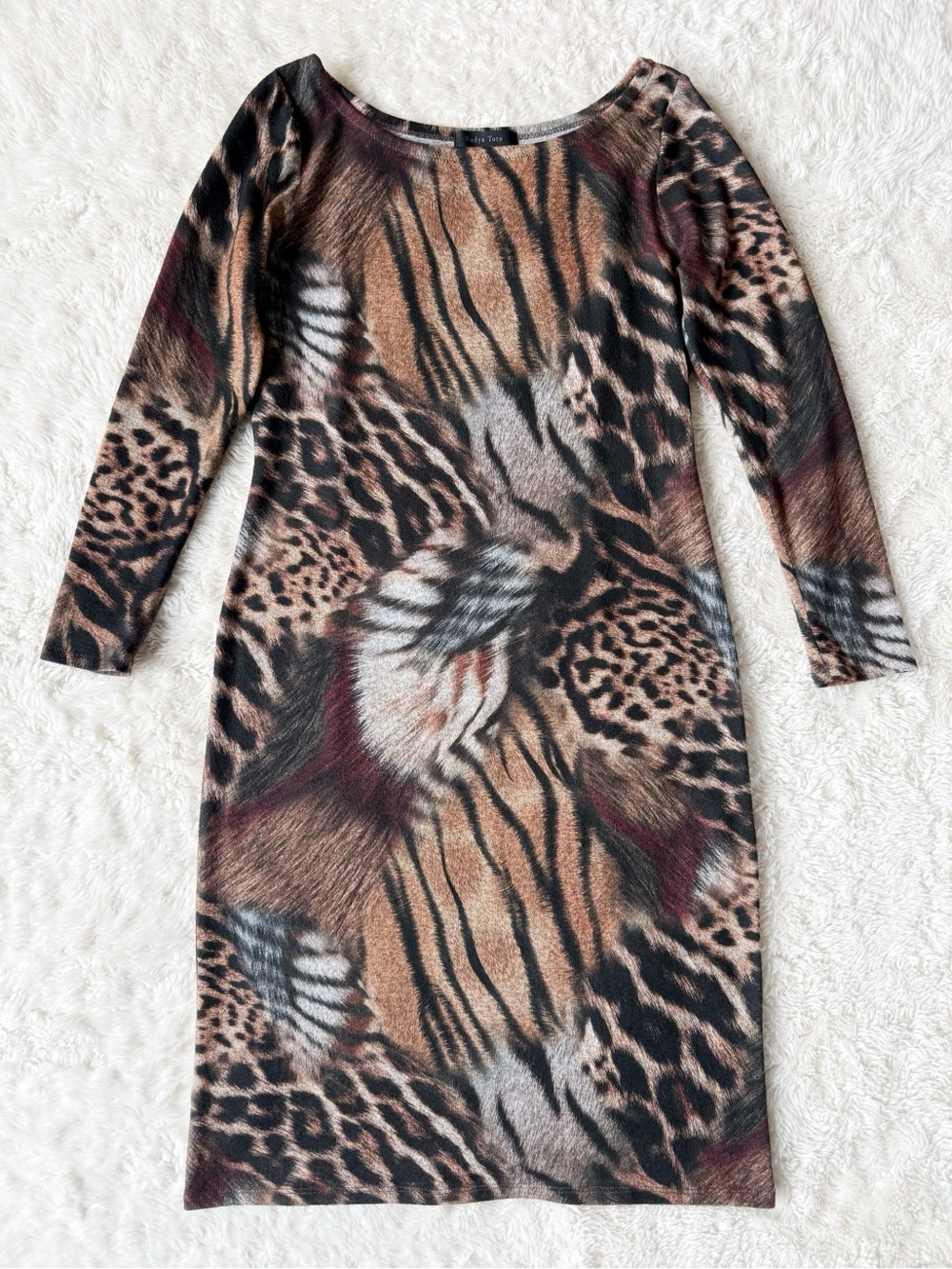 Nadya Toto Woman Animal Print Boat Neck Knee Length Dress MEDIUM Luxury Eclectic